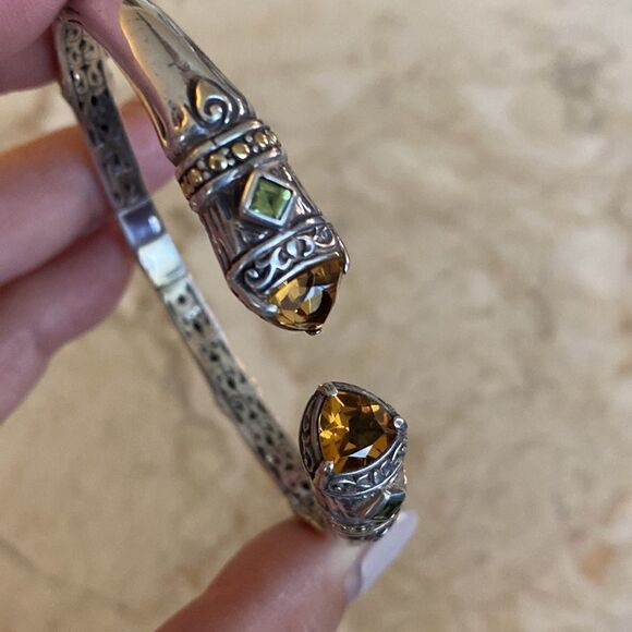 Vintage 18K & 925 Sterling Silver Citrine & Peridot Unisex Cuff Bracelet - Picture 3 of 11